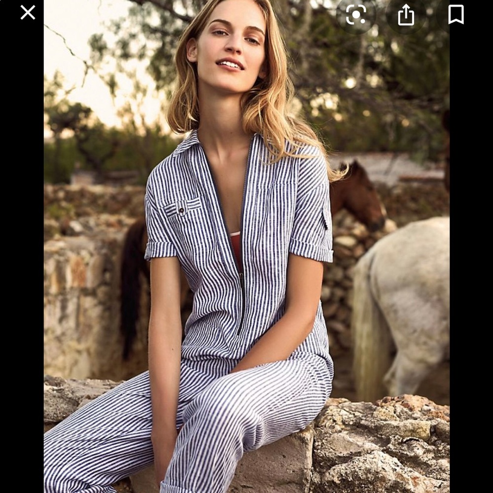 Anthro striped linen coveralls